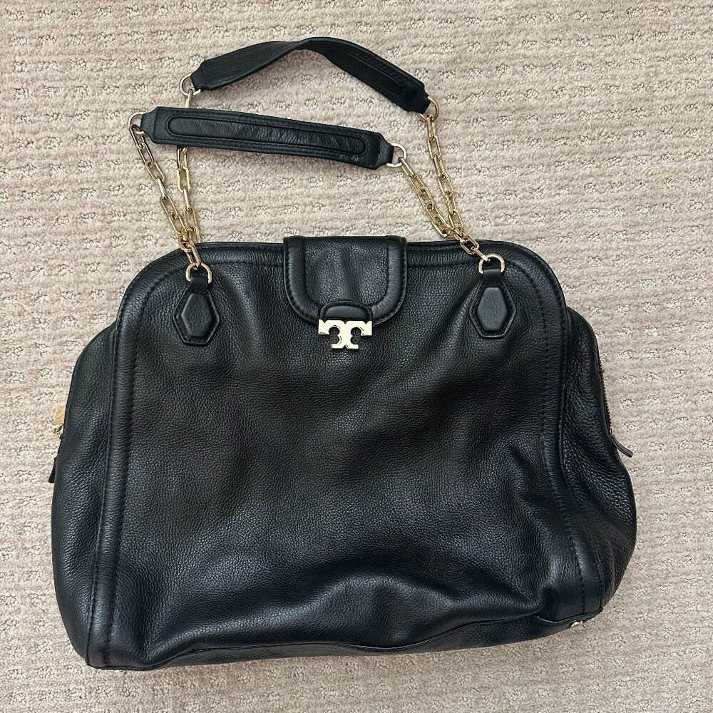 Tory Burch Sammy T Satchel / Shoulder Bag in Black Pebbled Leather, Purse